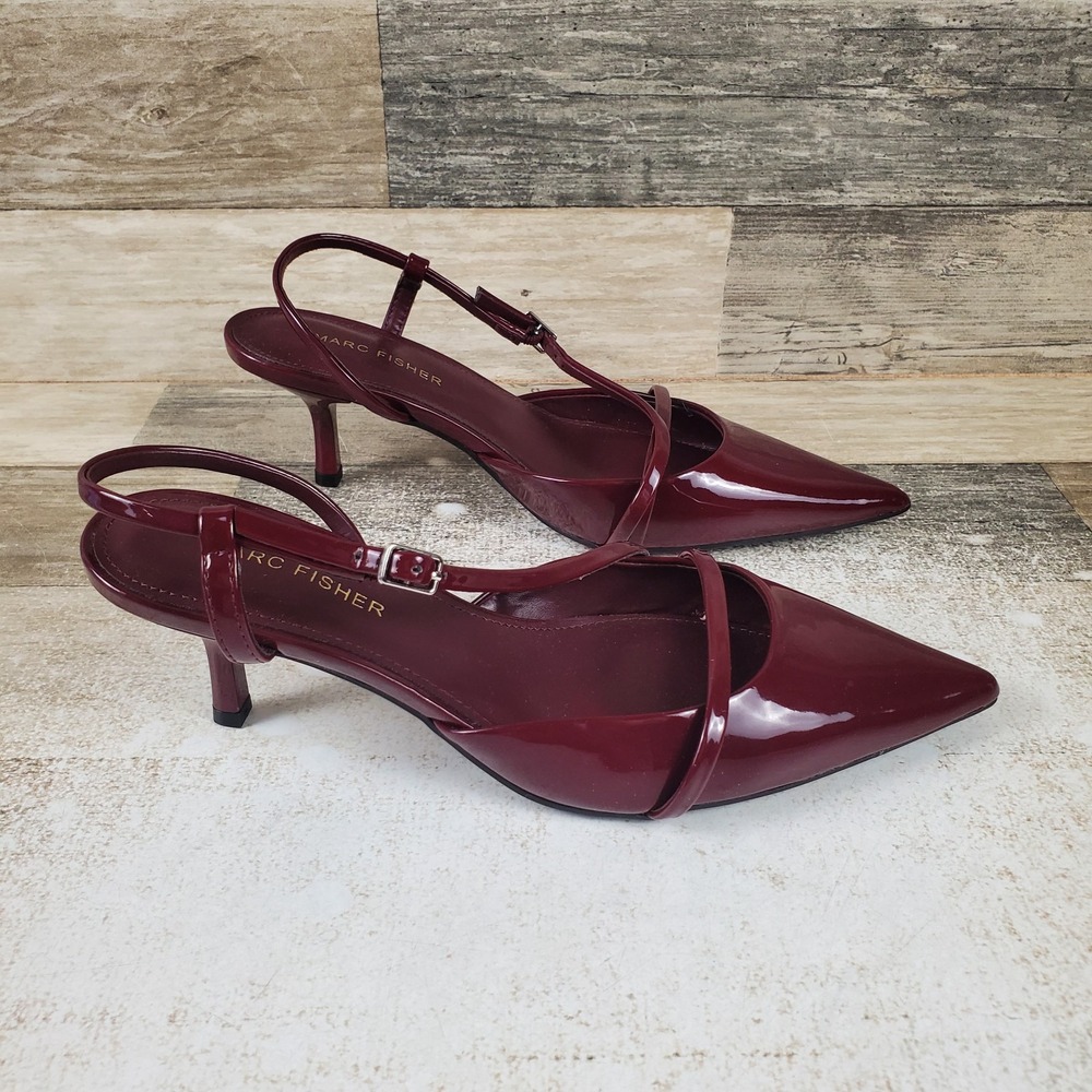 Marc Fisher Illie Womens Pumps Sz 6.5 Burgundy Leather Slingback Kitten Heel